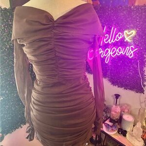 Fashion Nova Off-Shoulder Ruched Long Sleeve Dress - Brown